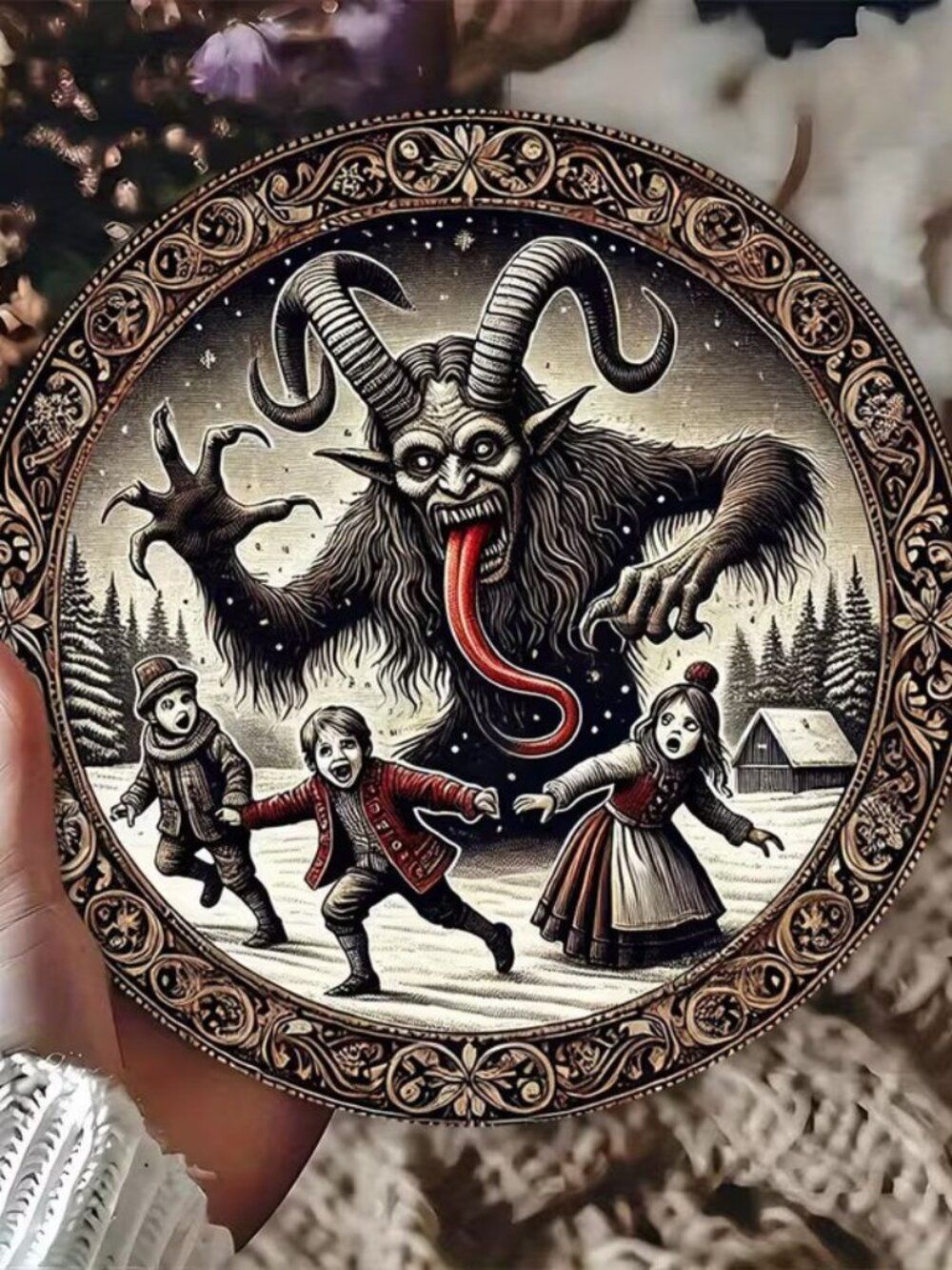 2D Flat Vintage Style Hanging Wooden Krampus Halloween Gothic Sign 7.12"